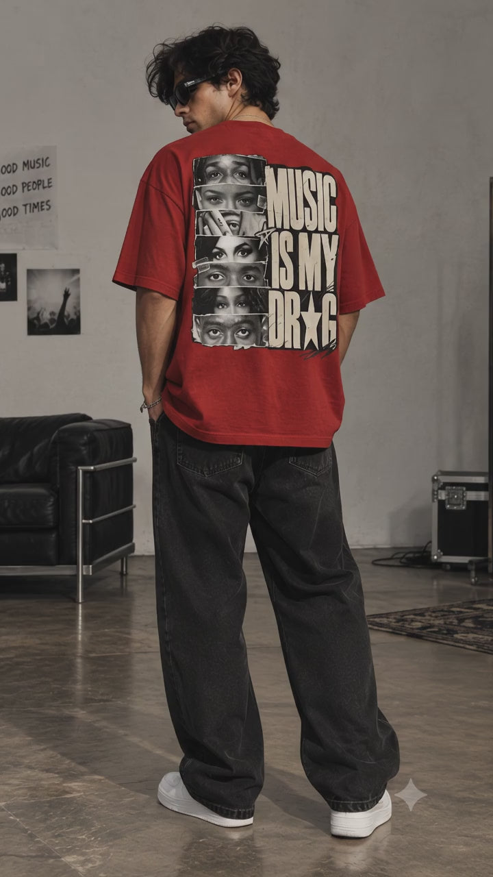 Music Is My Drug Oversized Tee in Red