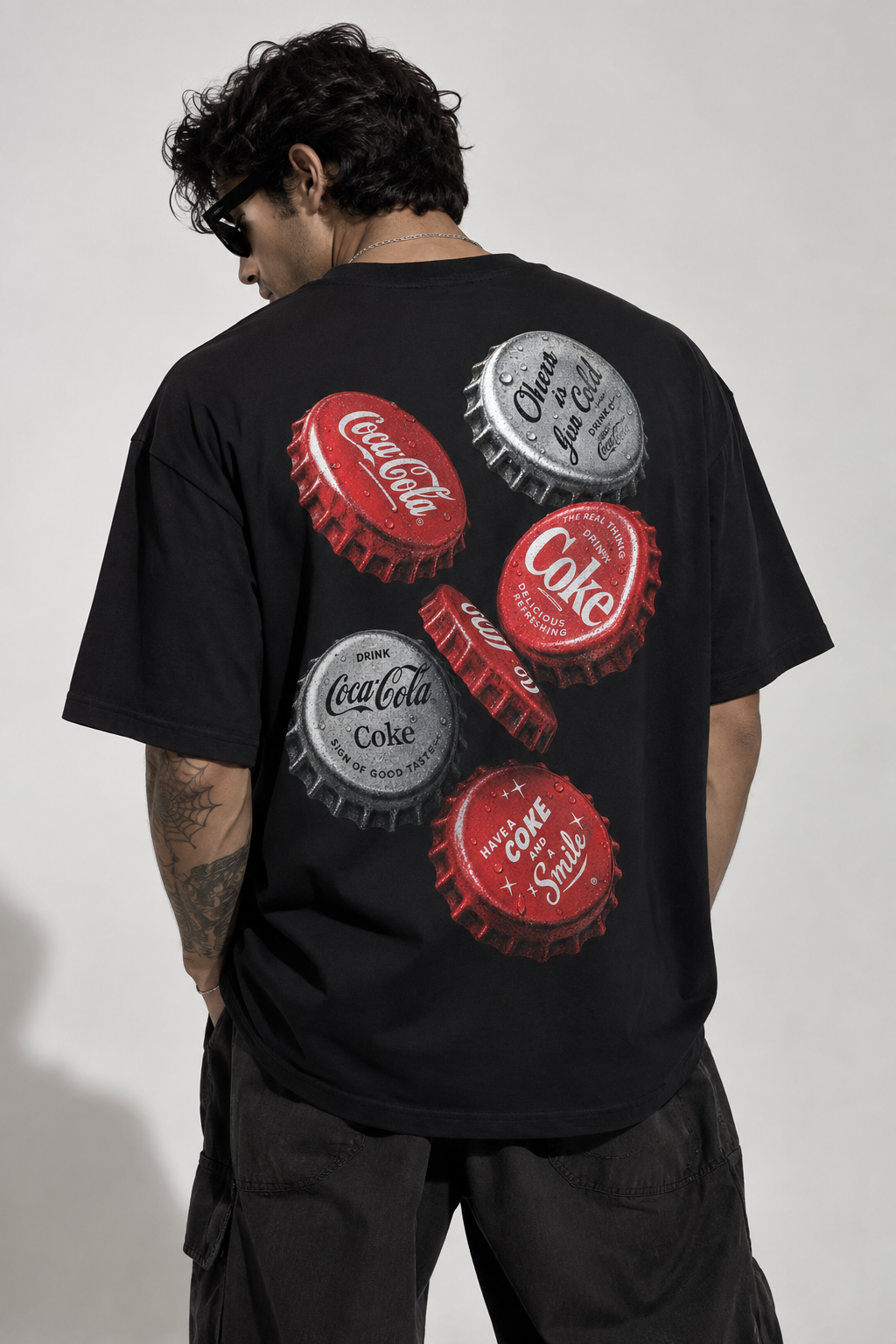 Vintage Coca-Cola Bottle Caps Oversized Tee in Black